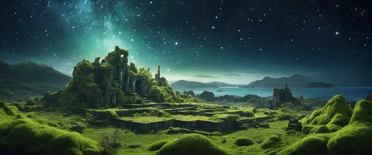 countryside mountains , tropical island,  ruins of a futuristic   city, a lot  moss, partially  overgrown,  night sky, stars, galaxy,         stars, and constellation, and supernova, in the sky,
((photo raw)), godrays, film still,