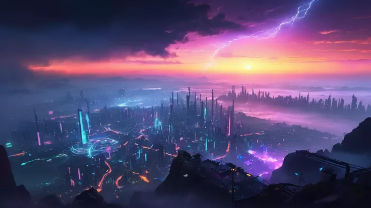 gorge , , on top of a scyscrapper, futuristic cyberpunk city skyline in the background with many neon lights and smog, , sunrise with morning fog near ground , sunlight with godrays, , thunderstorm, many small  clouds, lighting strikes, ,
photo raw