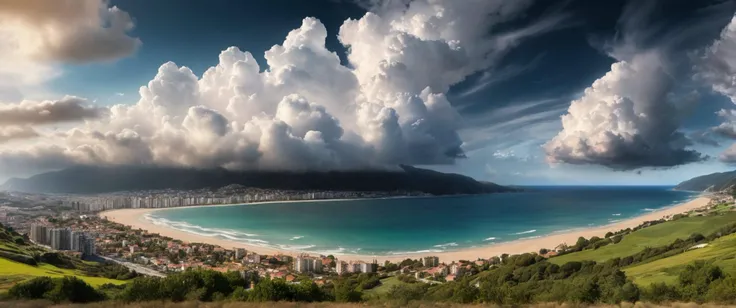 countryside mountains , beach bay , A cosmic dreamscape where light and darkness dance. A snapshot of architectural beauty in a dynamic urban landscape. day, one big clouds, many small clouds,
((photo raw)),