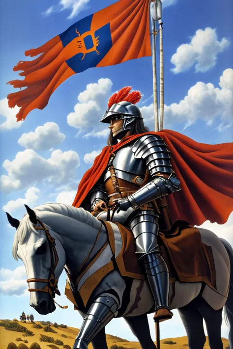 masterpiece, best quality, 1boy, armor, banner, cape, flag, from side, full armor, gauntlets, helmet, holding, horse, horseback riding, long hair, male focus, plume, red cape, riding, solo, weapon, traditional media