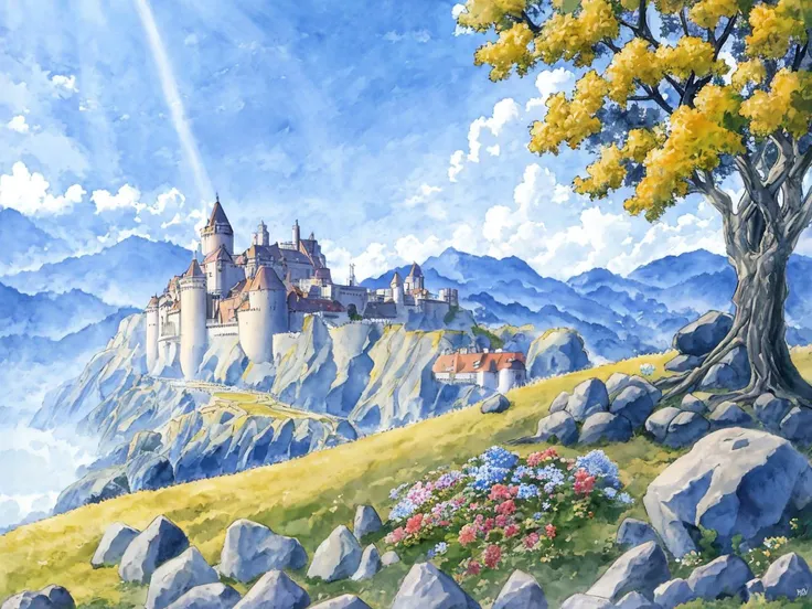 grand landscape, castle on the hill, boulders, stone, grass, adventure, flowers, fantasy|science fiction, sunbeam, blue_skies, golden hour, sublime, idyllic, extremely detailed, absurdres, masterpiece, watercolor