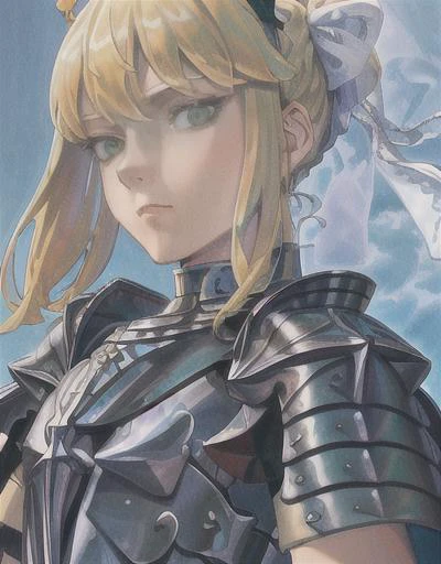 (masterpiece:1.2), (absurdres), (detailed face),(detailed eyes), (best quality) <lora:miuraStyleBerserk_miura08:1>, (traditional media:1.2) , (white backround), upperbody, (expressionless), artoria_pendragon_\(fate\), saber, armor, blonde hair, gauntlets, green eyes, hair ribbon, armored dress, ahoge, blue dress,
