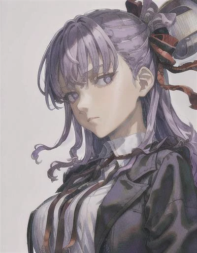 (masterpiece:1.2), (absurdres), (detailed face),(detailed eyes), (best quality), <lora:bbFate_bbFate:0.7>, purple hair, black jacket, (white shirt), black skirt, red ribbon, (big breast), purple eyes, (solo), <lora:miuraStyleBerserk_miura08:1> (traditional media:1.2), (expressionless)