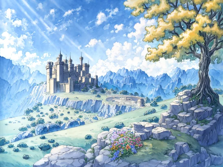 grand landscape, castle on the hill, boulders, stone, grass, adventure, flowers, fantasy|science fiction, sunbeam, blue_skies, golden hour, sublime, idyllic, extremely detailed, absurdres, masterpiece, watercolor