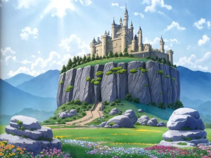 grand landscape, castle on the hill, boulders, stone, grass, adventure, flowers, fantasy|science fiction, sunbeam, blue_skies, golden hour, sublime, idyllic, extremely detailed, absurdres, masterpiece, watercolor