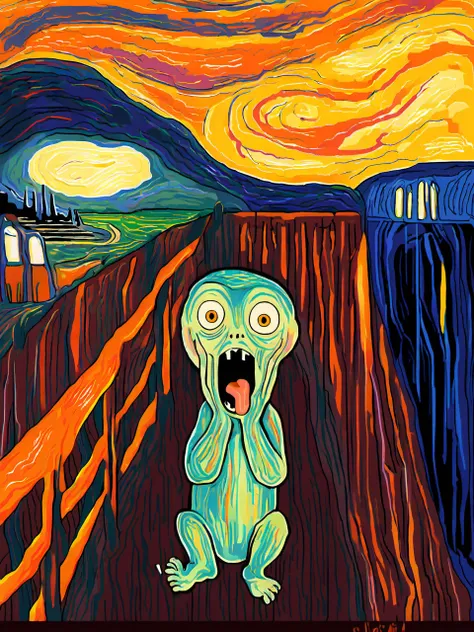grogu in the colorful picture "the scream", <lora:FF-Style-Edvard-Munch-vpred:1.45> in style of Edvard Munch, style of Edvard Munch , <lora:SDXL_MSPaint_Portrait:0.6> mspaint, portrait