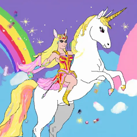 mspaint drawing of she-ra riding a unicorn with rainbows and glitter and bunny rabbits and jewels <lora:SDXL_MSPaint_Portrait:1>