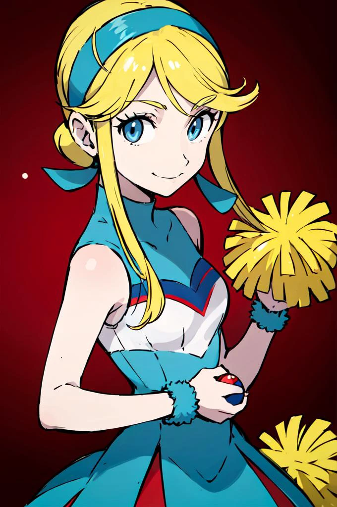 <lora:heroman_linadavis:0.9> lina davis, blue eyes, blonde hair, hairband, cheerleader, dress, bare shoulders, <lora:Sugimori_Ken_Style_v3:0.7> holding poke ball, pom pom \(cheerleading\), smile,, absurdres, ultra detailed, masterpiece, best quality, aesthetic, detailed,