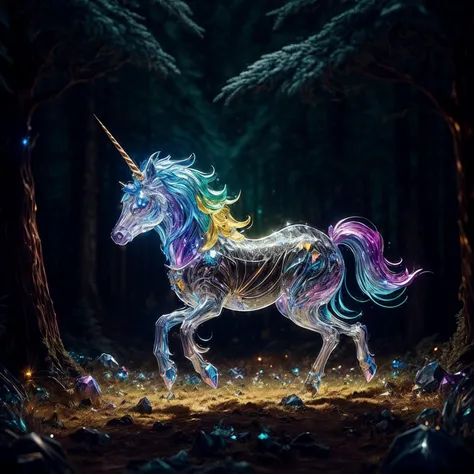 side view of a colourful Austrian unicorn sprinting in a dark forest, very detailed, cs-cr1stal-18, intricate, warm colour palette