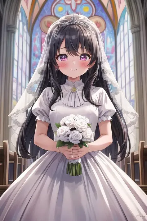masterpiece, best quality,ultra detail, <lora:anmnr01:0.3>, <lora:GoodHands-vanilla:0.7> <lora:add_detail:0.5>,1girl,church, long hair,<lora:Bridal:0.7>,bridal,happy, blush, facing viewer , marriage,wedding,