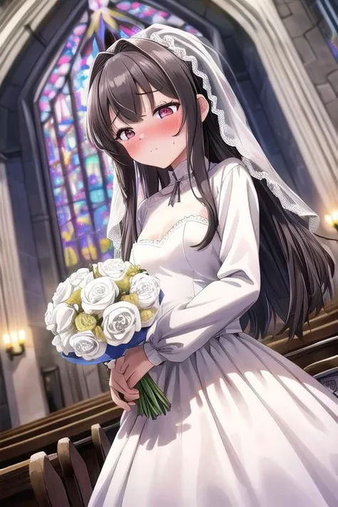 masterpiece, best quality,ultra detail, <lora:anmnr01:0.3>, <lora:GoodHands-vanilla:0.7> <lora:add_detail:0.5>,1girl,church, long hair,<lora:Bridal:0.7>,bridal,embarrassed, blush, shy, looking at viewer, upper body,dutch angle <lora:sensualface_type1:1>,bouquet