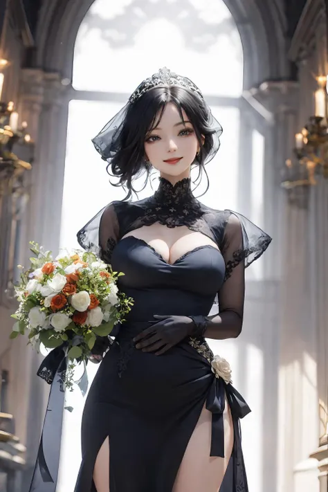 (super_beautiful_detailed masterpiece best_quality unity_8k_wallpaper highres absurdres background), depth of field, perfect lighting, cinematic shadows, moyou, BREAK
(super_perfect_good anatomy head face fingers limbs arms hands legs, slender, constricted waist, hip thigh size:0.3), BREAK
(super_beautiful_detailed 1girl body gigantic_long_sagging_breastss hair face expressive_kind_eyes nose mouth lips proportion skin slender), BREAK
(super_beautiful_detailed black_dress bridal gloves decoration pattern bouquet), <lora:BlackBridal:1>, BREAK
smile, happiness, beautiful_proportion_angle scenery background pose match_bridal, solo
