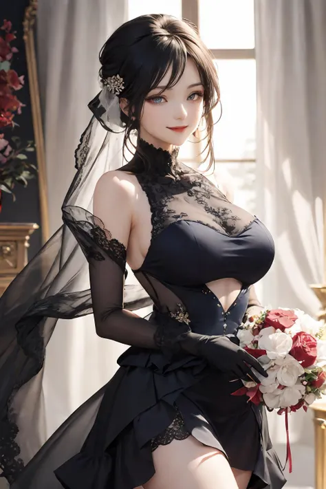 (super_beautiful_detailed masterpiece best_quality unity_8k_wallpaper highres absurdres background), depth of field, perfect lighting, cinematic shadows, moyou, BREAK
(super_perfect_good anatomy head face fingers limbs arms hands legs, slender, constricted waist, hip thigh size:0.3), BREAK
(super_beautiful_detailed 1girl body gigantic_long_sagging_breastss hair face expressive_kind_eyes nose mouth lips proportion skin slender), BREAK
(super_beautiful_detailed black_dress bridal gloves decoration pattern bouquet), <lora:BlackBridal:1>, BREAK
smile, happiness, beautiful_proportion_angle scenery background pose match_bridal, solo