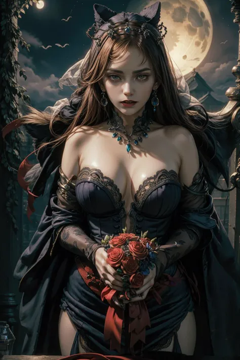 1topless zombie girl, long bloody hair, seductive eyes, mysterious expression, mature appearance, charming dress, flowing short dress, elegant jewelry, intricate decoration, magic symbols, glowing accessories, potions, scrolls, cute accents, bows, ribbons, flowers, birds, skeleton