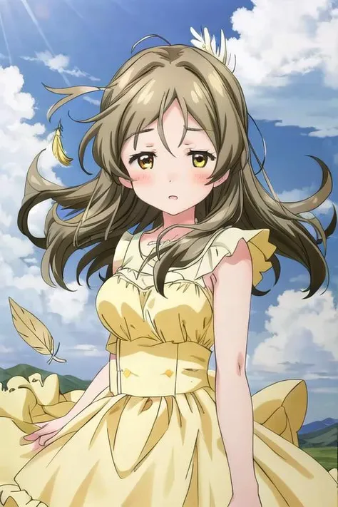 masterpiece, best quality,ultra detail,<lora:GoodHands-vanilla:0.8> <lora:anmnr01:0.3> <lora:add_detail:0.5>,  <lora:YellowBridal:0.7>,bridal, <lora:shinomiya_himawari_ver2.0_5:0.7>,shinomiya_himawari,floating air,sky,cloud,strong wind,blush,upper body,cinematic angle,fiying,floating feather