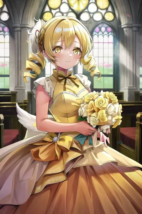 masterpiece, best quality,ultra detail,<lora:GoodHands-vanilla:0.8> <lora:anmnr01:0.3> <lora:add_detail:0.5>, <lora:YellowBridal:0.7>,bridal, <lora:mamitest:0.7>mami tomoe, blonde hair, drill hair, twin drills, (yellow eyes:1.3),church,happy,bouquet