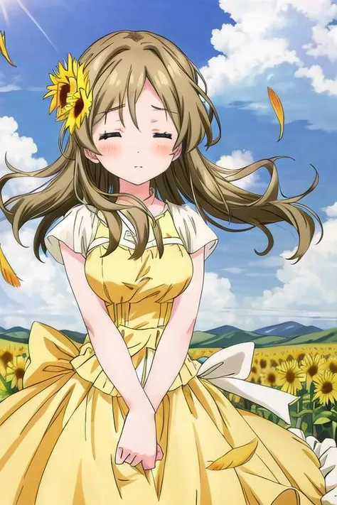 masterpiece, best quality,ultra detail,<lora:GoodHands-vanilla:0.8> <lora:anmnr01:0.3> <lora:add_detail:0.5>, <lora:YellowBridal:0.7>,bridal, <lora:shinomiya_himawari_ver2.0_5:0.7>,shinomiya_himawari,floating air,sky,cloud,strong wind,blush,upper body,cinematic angle,fiying,floating feather,sunflower bouquet