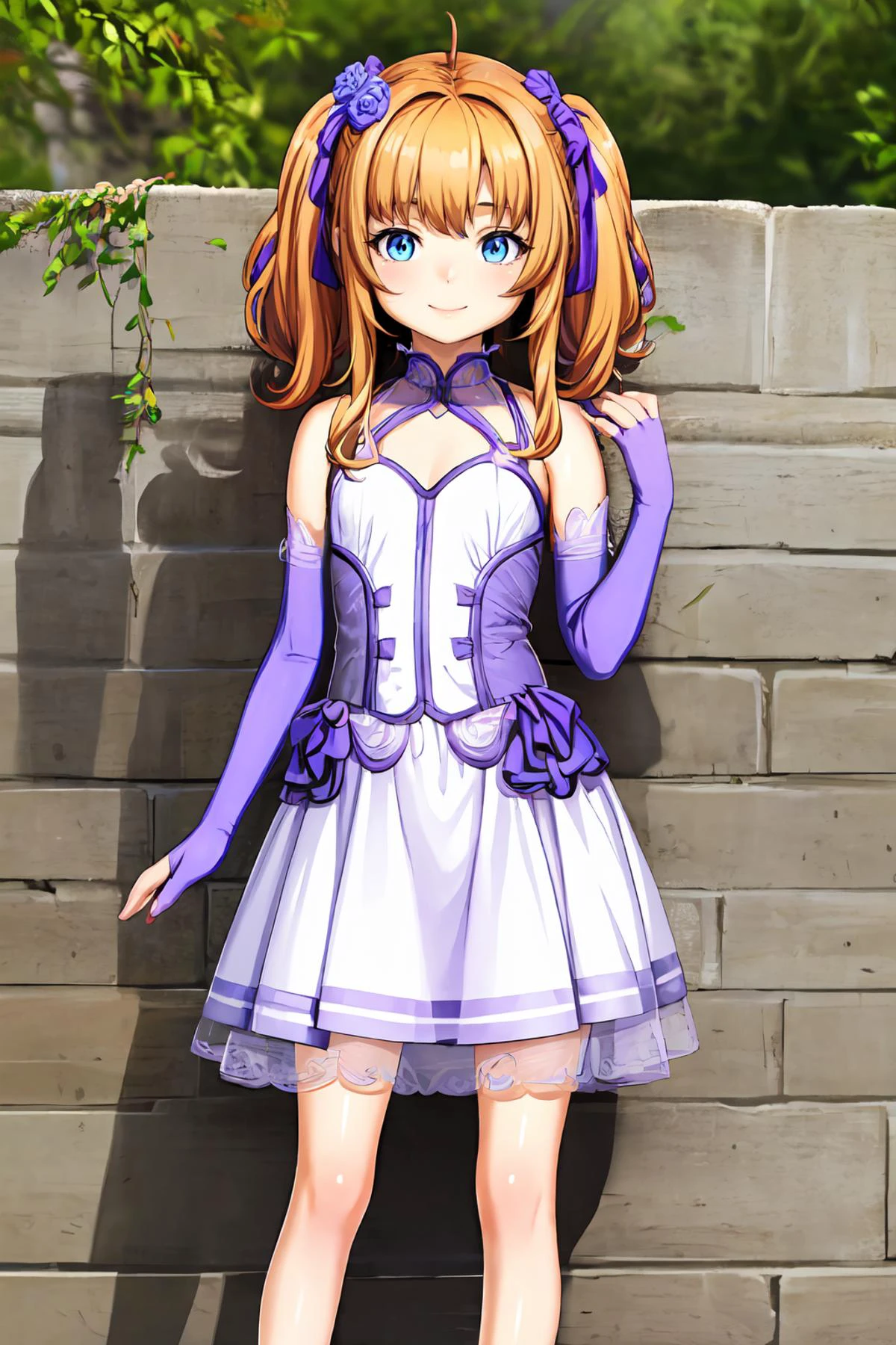 masterpiece,8k high quality detailed,highres,anime,comic,magazine_illustration \(girl\),,detailed image,
(an illustration of a age girl posing,an illustration of girl,teengirl,magazine_sheet),
(, (petite:1.2),female child,Mikagami Ui,ahoge,long hair,orange hair,twintails,hair flower,yellow flower,bangs,blue eyes,medium breasts),Qualifier Smile,detailed_face,
Leaning against a wall with one leg bent,,
((, bridal,flower, bare shoulders,purple gloves,purple bridal veil, rose):0.85),(,realistic clothing texture,realistic_skin_texture),<lora:velvia:0.6>,<lora:Mikagami Ui(ocr):0.65>,<lora:PurpleBridal:0.7>,<lora:more_details:0.3>