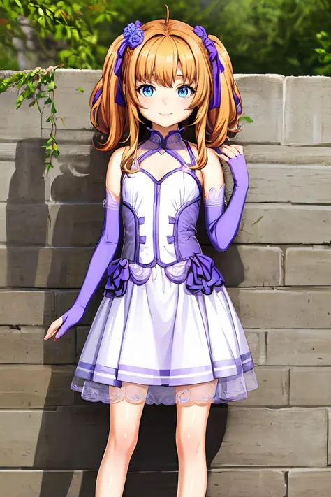 masterpiece,8k high quality detailed,highres,anime,comic,magazine_illustration \(girl\),,detailed image,
(an illustration of a teenage girl posing,an illustration of girl,teenage girl,magazine_sheet),
(, (petite:1.2),female child,Mikagami Ui,ahoge,long hair,orange hair,twintails,hair flower,yellow flower,bangs,blue eyes,medium breasts),Qualifier Smile,detailed_face,
Leaning against a wall with one leg bent,,
((, bridal,flower, bare shoulders,purple gloves,purple bridal veil, rose):0.85),(,realistic clothing texture,realistic_skin_texture),<lora:velvia:0.6>,<lora:Mikagami Ui(ocr):0.65>,<lora:PurpleBridal:0.7>,<lora:more_details:0.3>