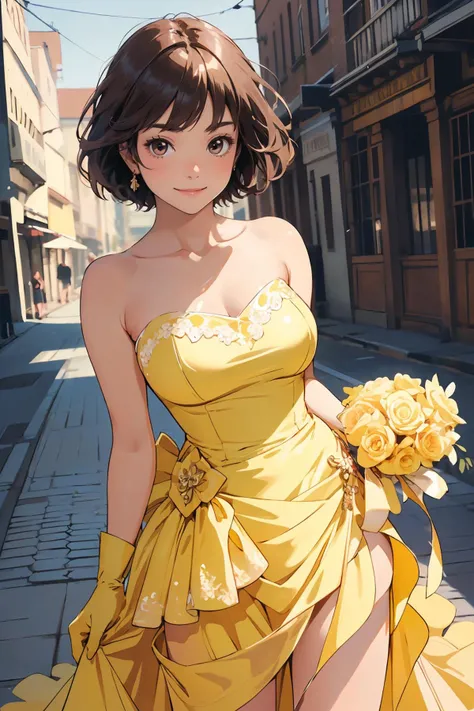 8k high quality detailed,highres,anime,comic,detailed image,
(an illustration of a teenage girl posing,(an illustration of girl,teenage girl)),(magazine_illustration),(magazine_sheet),
(1girl,asian_female,gradient hair, short hair, bangs, brown eyes, thin|skinny, large breasts,(Pleased Smile)),detailed_face,realistic_skin_texture,
(leaning_back),
((,bridal,jewelry,gloves,holding bouquet,yellow bridal veil,collarbone):0.8),realistic clothing texture,<lora:YellowBridal:0.7>
