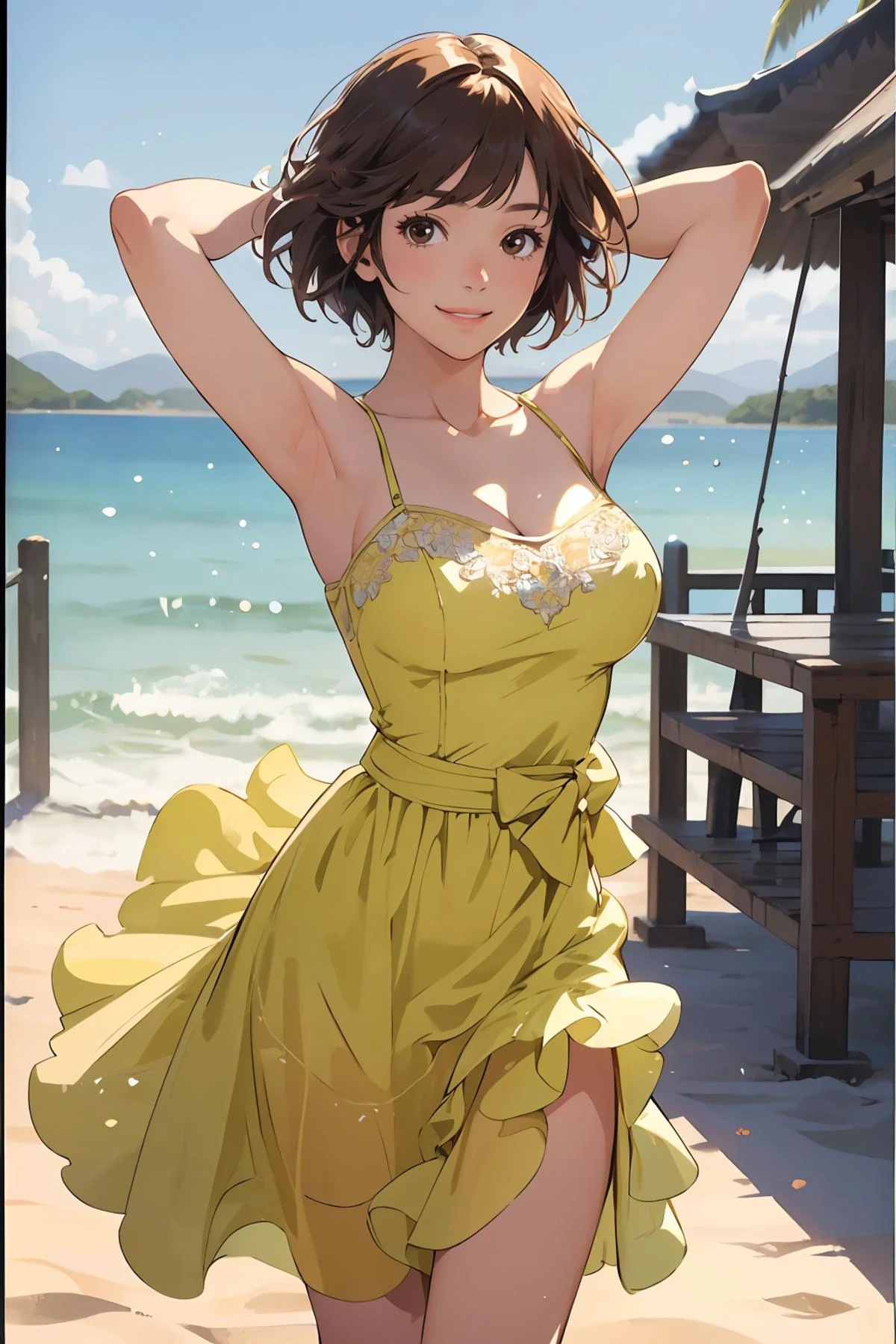 8k high quality detailed,highres,anime,comic,detailed image,
(an illustration of a age girl posing,(an illustration of girl,teengirl)),(magazine_illustration),(magazine_sheet),
(1girl,asian_female,gradient hair, short hair, bangs, brown eyes, thin|skinny, large breasts,(Pleased Smile)),detailed_face,realistic_skin_texture,
(Walking on a beach with arms wide open, showing enthusiasm and embracing the moment,),
((,bridal,jewelry,gloves,holding bouquet,yellow bridal veil,collarbone):0.8),realistic clothing texture,<lora:YellowBridal:0.7>