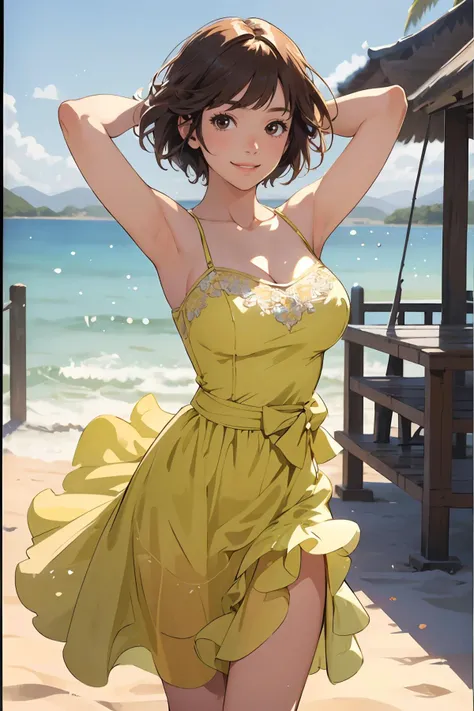 8k high quality detailed,highres,anime,comic,detailed image,
(an illustration of a teenage girl posing,(an illustration of girl,teenage girl)),(magazine_illustration),(magazine_sheet),
(1girl,asian_female,gradient hair, short hair, bangs, brown eyes, thin|skinny, large breasts,(Pleased Smile)),detailed_face,realistic_skin_texture,
(Walking on a beach with arms wide open, showing enthusiasm and embracing the moment,),
((,bridal,jewelry,gloves,holding bouquet,yellow bridal veil,collarbone):0.8),realistic clothing texture,<lora:YellowBridal:0.7>