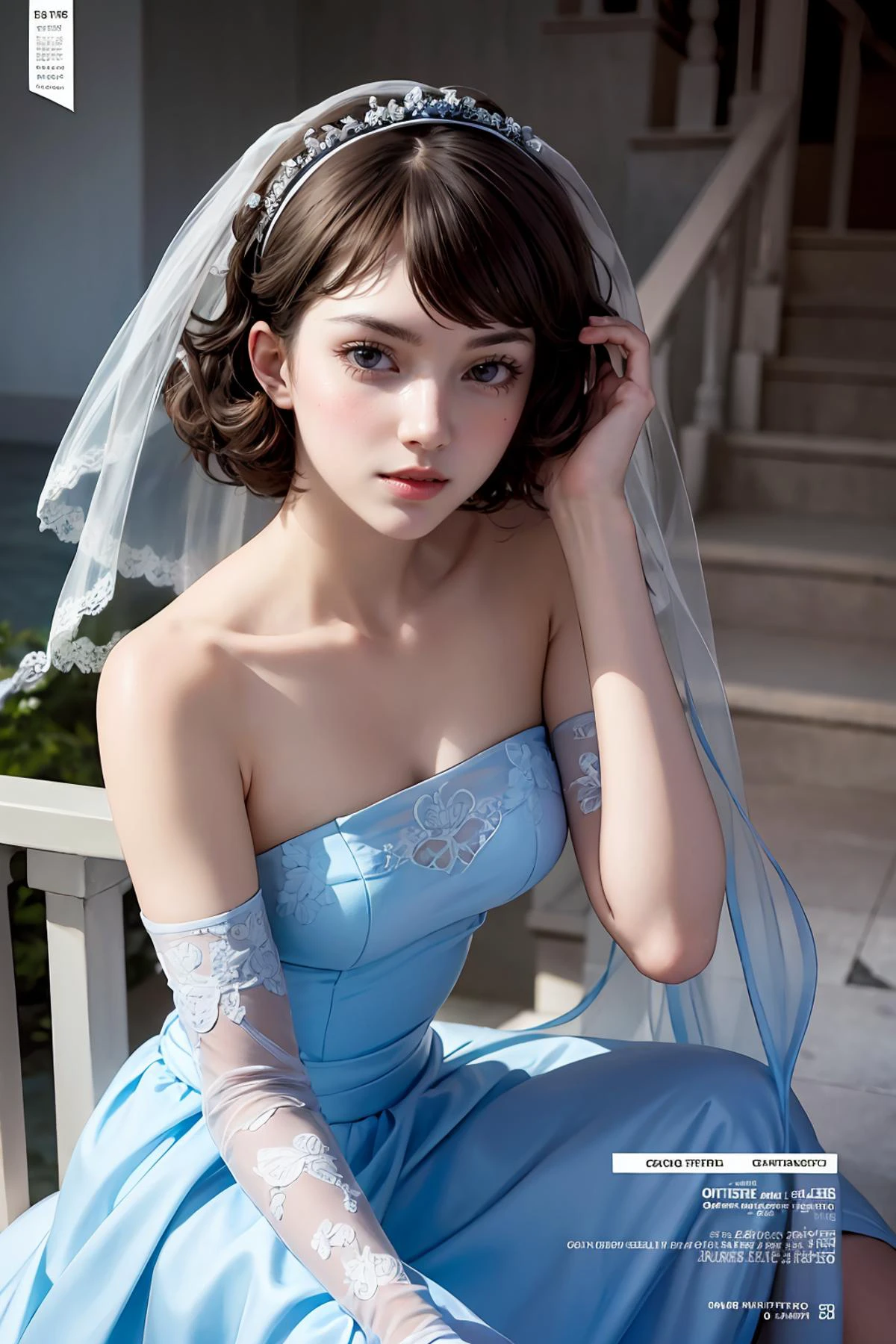 8k high quality detailed,highres,anime,comic,detailed image,
(an illustration of a age girl posing,(an illustration of girl,teengirl)),(magazine_illustration),(magazine_sheet),
((, skp5,1girl,bangs,short curly hair,medium breasts),Mysterious Smile:0.85),detailed_face,realistic_skin_texture,
((Leaning on a railing,):0.8),
((, bridal,flower, bare shoulders,blue gloves,blue bridal veil, rose):0.9),realistic clothing texture,<lora:skp5-guy-v2:0.7>,<lora:BlueBridal:0.7>