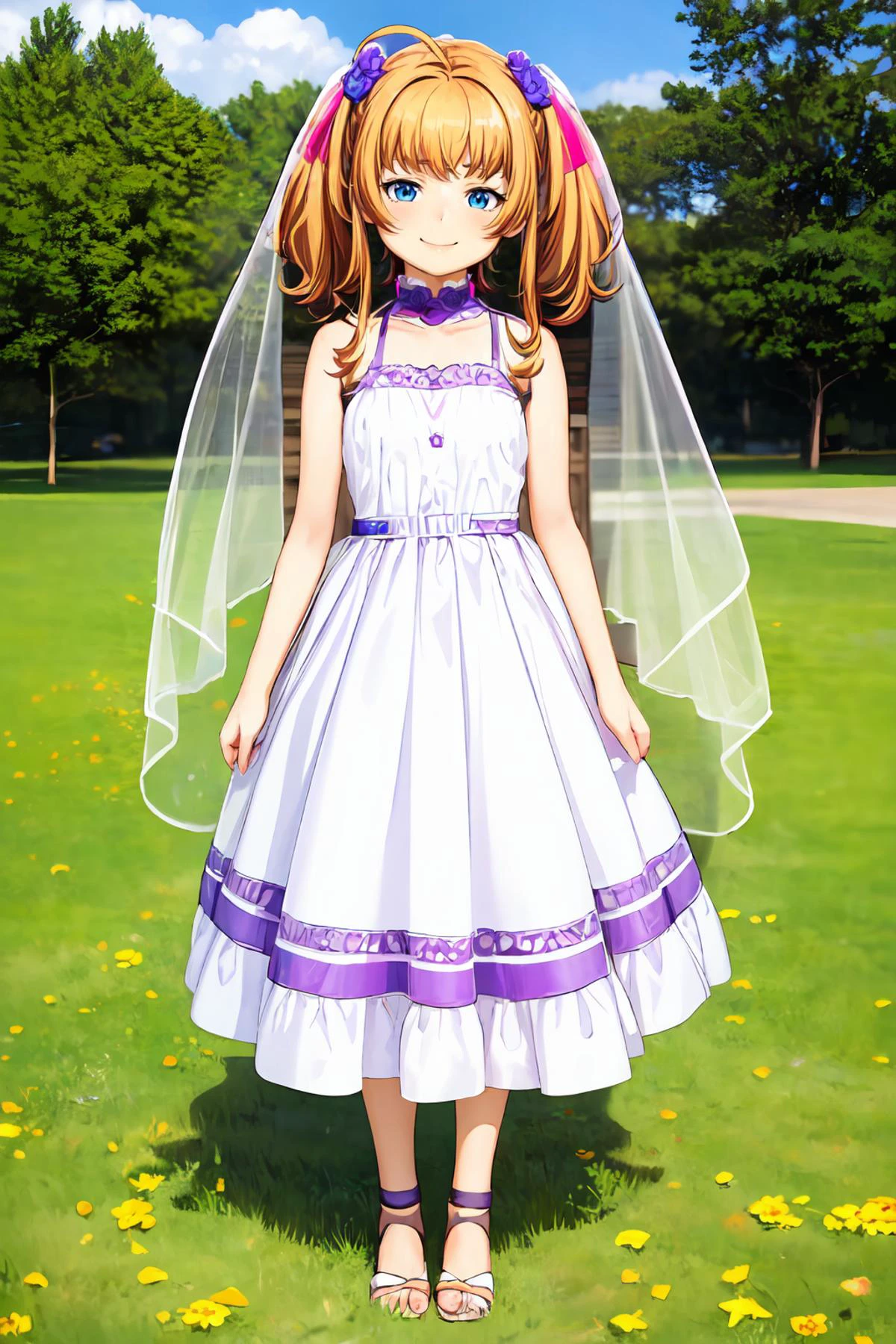 masterpiece,8k high quality detailed,highres,anime,comic,magazine_illustration \(girl\),,detailed image,
(an illustration of a age girl posing,an illustration of girl,teengirl,magazine_sheet),
(, (petite:1.2),female child,Mikagami Ui,ahoge,long hair,orange hair,twintails,hair flower,yellow flower,bangs,blue eyes,medium breasts),Sarcastic Smile,detailed_face,
Leaning against a tree, one foot against the trunk, looking serene and one with nature,,
((, bridal,flower, bare shoulders,purple gloves,purple bridal veil, rose):0.85),(,realistic clothing texture,realistic_skin_texture),<lora:velvia:0.6>,<lora:Mikagami Ui(ocr):0.65>,<lora:PurpleBridal:0.7>,<lora:more_details:0.3>