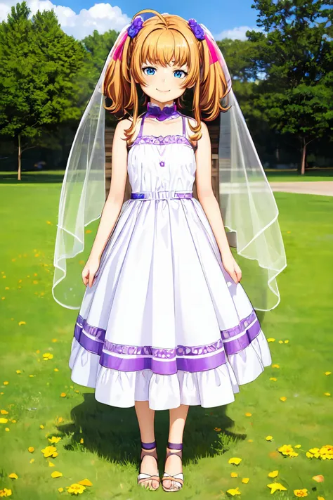 masterpiece,8k high quality detailed,highres,anime,comic,magazine_illustration \(girl\),,detailed image,
(an illustration of a teenage girl posing,an illustration of girl,teenage girl,magazine_sheet),
(, (petite:1.2),female child,Mikagami Ui,ahoge,long hair,orange hair,twintails,hair flower,yellow flower,bangs,blue eyes,medium breasts),Sarcastic Smile,detailed_face,
Leaning against a tree, one foot against the trunk, looking serene and one with nature,,
((, bridal,flower, bare shoulders,purple gloves,purple bridal veil, rose):0.85),(,realistic clothing texture,realistic_skin_texture),<lora:velvia:0.6>,<lora:Mikagami Ui(ocr):0.65>,<lora:PurpleBridal:0.7>,<lora:more_details:0.3>
