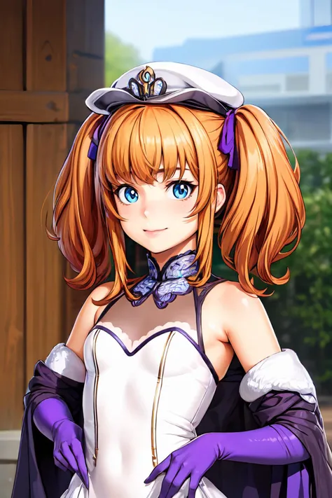 masterpiece,8k high quality detailed,highres,anime,comic,magazine_illustration \(girl\),,detailed image,
(an illustration of a teenage girl posing,an illustration of girl,teenage girl,magazine_sheet),
(, (petite:1.2),female child,Mikagami Ui,ahoge,long hair,orange hair,twintails,hair flower,yellow flower,bangs,blue eyes,medium breasts),Pan Am Smile,detailed_face,
hat tip,
((, bridal,flower, bare shoulders,purple gloves,purple bridal veil, rose):0.85),(,realistic clothing texture,realistic_skin_texture),<lora:velvia:0.6>,<lora:Mikagami Ui(ocr):0.65>,<lora:PurpleBridal:0.7>,<lora:more_details:0.3>