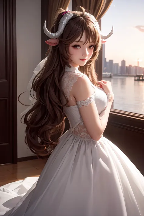 <lora:CHAR-Eyjafjalla:0.9>,ultra detailed 8k cg,ultra realitsic,masterpiece,spotlight,looking at viewer,smile,ahoge,Eyjafjalla,curled horns,ahoge,long hair,<lora:WhiteBridal-10:0.9>,
bridal,bridal veil,blush,hair ornament,<lora:add_detail:0.3>,