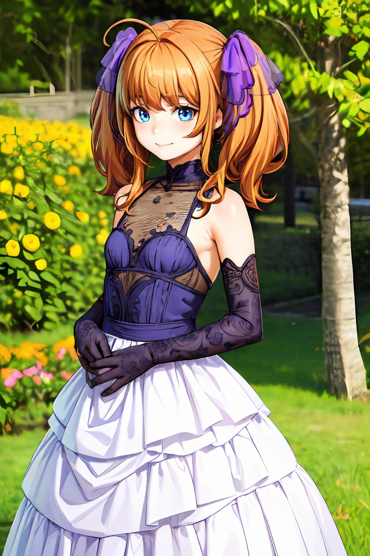 masterpiece,8k high quality detailed,highres,anime,comic,magazine_illustration \(girl\),,detailed image,
(an illustration of a age girl posing,an illustration of girl,teengirl,magazine_sheet),
(, (petite:1.2),female child,Mikagami Ui,ahoge,long hair,orange hair,twintails,hair flower,yellow flower,bangs,blue eyes,medium breasts),Melancholy Smile,detailed_face,
standing, a eagle standing on her arm,
((, bridal,flower, bare shoulders,purple gloves,purple bridal veil, rose):0.85),(,realistic clothing texture,realistic_skin_texture),<lora:velvia:0.6>,<lora:Mikagami Ui(ocr):0.65>,<lora:PurpleBridal:0.7>,<lora:more_details:0.3>