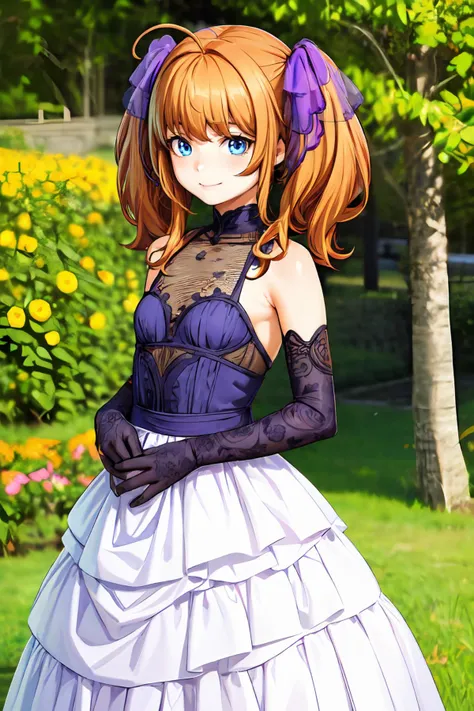 masterpiece,8k high quality detailed,highres,anime,comic,magazine_illustration \(girl\),,detailed image,
(an illustration of a teenage girl posing,an illustration of girl,teenage girl,magazine_sheet),
(, (petite:1.2),female child,Mikagami Ui,ahoge,long hair,orange hair,twintails,hair flower,yellow flower,bangs,blue eyes,medium breasts),Melancholy Smile,detailed_face,
standing, a eagle standing on her arm,
((, bridal,flower, bare shoulders,purple gloves,purple bridal veil, rose):0.85),(,realistic clothing texture,realistic_skin_texture),<lora:velvia:0.6>,<lora:Mikagami Ui(ocr):0.65>,<lora:PurpleBridal:0.7>,<lora:more_details:0.3>