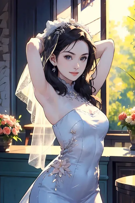 8k high quality detailed,highres,anime,comic,detailed image,
(an illustration of a teenage girl posing,an illustration of girl,teenage girl,magazine_sheet),(magazine_illustration),
((<lora:zhuyin_chilloutNi_4*50:0.7>, zhuyin,1girl,medium hair,pale skin,medium breasts):0.9),Genuine Smile,detailed_face,
(, adjusting hair,arms up),
((<lora:BlackBridal:0.7>, bridal,bare shoulders, flower,black bridal veil,black gloves):0.85),(,realistic clothing texture,realistic_skin_texture),<lora:adjusting_hair_two_hands_v1:0.65>,<lora:more_details:0.2>