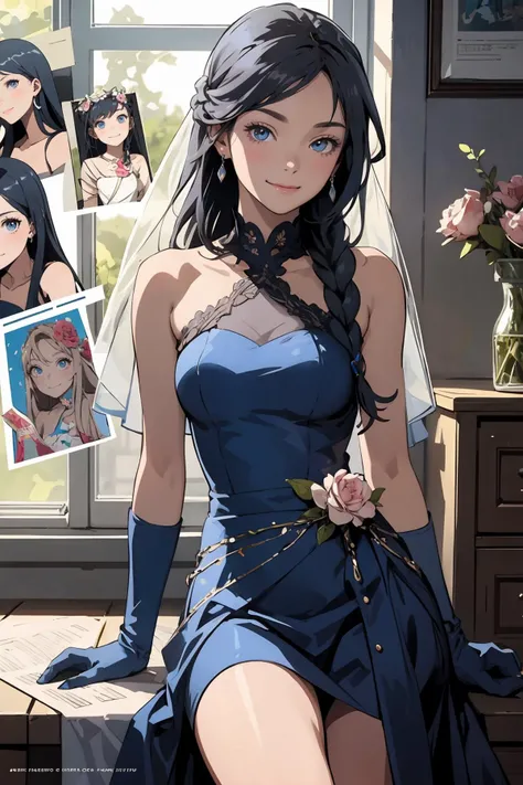 8k high quality detailed,highres,anime,comic,detailed image,
(an illustration of a teenage girl posing,(an illustration of girl,teenage girl)),(magazine_illustration),(multiple view manuscript),(magazine_sheet),
(1girl,asian_female,blue hair, long hair, side braid, two-tone eyes, dark skin, dark-skinned female, medium breasts,(Wry Smile):0.85),detailed_face,realistic_skin_texture,
((Sitting on a window ledge, legs folded, looking outside with a smile,):0.8),
((<lora:BlueBridal:0.7>, bridal,flower, bare shoulders,blue gloves,blue bridal veil, rose):0.8),realistic clothing texture,