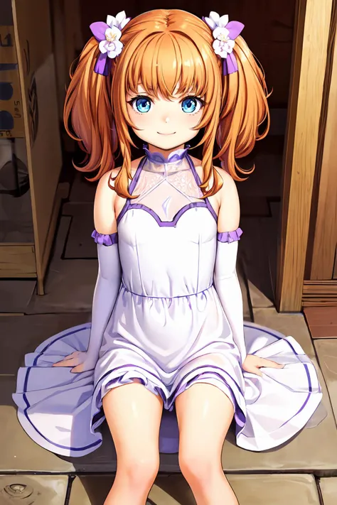 masterpiece,8k high quality detailed,highres,anime,comic,magazine_illustration \(girl\),,detailed image,
(an illustration of a teenage girl posing,an illustration of girl,teenage girl,magazine_sheet),
(, (petite:1.2),female child,Mikagami Ui,ahoge,long hair,orange hair,twintails,hair flower,yellow flower,bangs,blue eyes,medium breasts),Tender Smile,detailed_face,
Arms crossed over one knee, looking to the side,,
((, bridal,flower, bare shoulders,purple gloves,purple bridal veil, rose):0.85),(,realistic clothing texture,realistic_skin_texture),<lora:velvia:0.6>,<lora:Mikagami Ui(ocr):0.65>,<lora:PurpleBridal:0.7>,<lora:more_details:0.3>