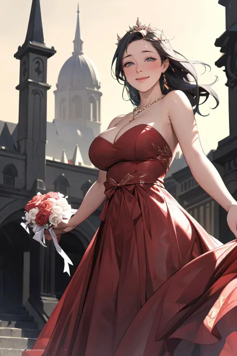 (masterpiece, best quality, unity 8k wallpaper, highres, absurdres, background), depth of field, perfect lighting, cinematic shadows, BREAK
(super_perfect_good anatomy head face fingers arms hands limbs legs, slender, constricted waist), solo, BREAK
(super_beautiful_detailed 1girl gigantic_long_sagging_breastss hair face kind_eyes nose mouth skin decoration earrings necklace bridal bouquet long_dress cleavage), <lora:RedBridal:0.9>, smile, blush, fantasy, (facial_expression pose angle scenery background wonderful_match:1.2)