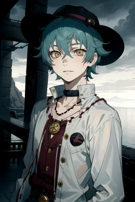 masterpiece, best quality, movie still, 1boy, solo, male focus, looking at viewer, upper body, , , , <lora:toto_sakigami:0.66>, toto_sakigami, aqua hair, yellow eyes, button-up shirt, panama hat, Mordor: A dark and evil land ruled by the dark lord Sauron,