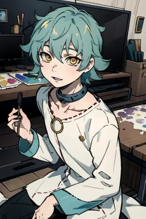 masterpiece, best quality, game cg, 1boy, solo, male focus, looking at viewer, , depth of field, (watercolor illustration, soft pastel colors:1.1), , <lora:toto_sakigami:0.72>, toto_sakigami, aqua hair, yellow eyes, dwarf costume, The Isle of Doom, High definition
