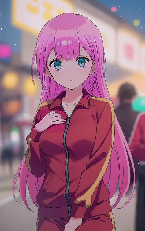 TrackSuit_WeNeverLearn_MafuyuKirisu_ownwaifu,
1girl, pink hair, blue eyes, long hair, bangs, breasts, medium breasts, 
track suit, red track suit, red jacket, 
<lora:ANIME_WeNeverLearn_MafuyuKirisu_ownwaifu:0.7> ,
((masterpiece)),((best quality)),(highres), bokeh, depth_of_field, scenery, spotlight, focused, looking at viewer, solo,