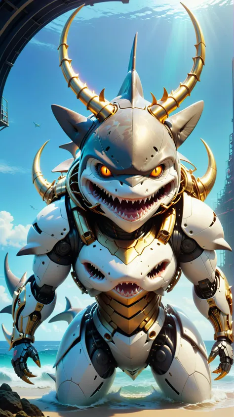 <lora:HornyfierXL:1>Hornyfier a portrait of a beautiful shark gundam mecha, cyberpunk concept art by pete mohrbacher, jeff koons, beeple, wlop artgerm and josan gonzales, digital art, (Masterpiece:1.3) (best quality:1.2) (high quality:1.1)