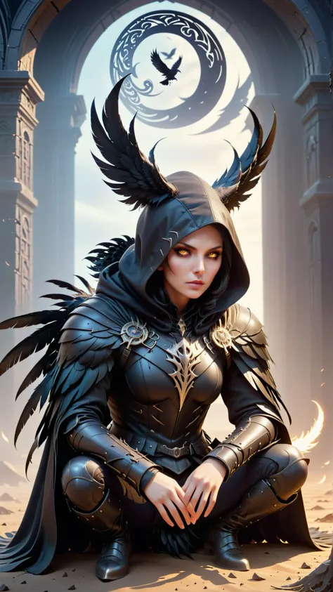 <lora:HornyfierXL:1>Hornyfier Style-GravityMagic, solo, half shot, looking down, detailed background, detailed face, (victorian theme:1.1), glowing eyes, raven-mage, dark feathers, wearing leather armor, hood, mournful, sitting, raven-themed runes, swirling black feathers floating in the air, sinister aura, ravens flying in background, desolate wasteland in background, low light, dark shadows, wind blowing, sinister atmosphere,, (Masterpiece:1.3) (best quality:1.2) (high quality:1.1)