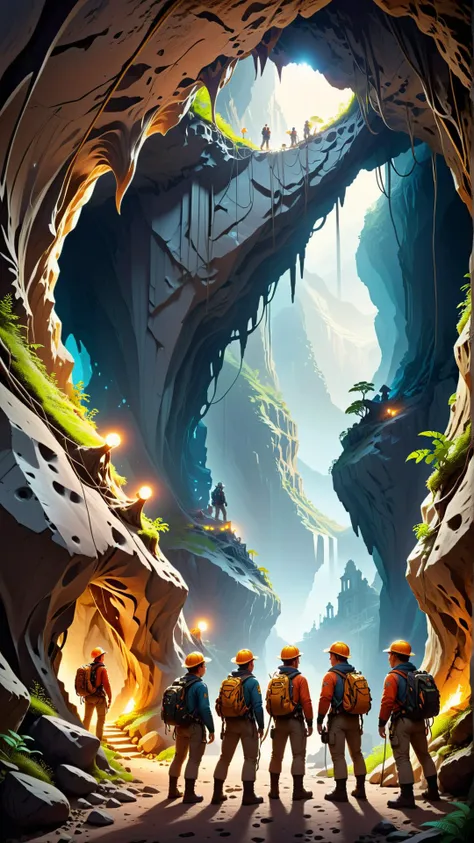 <lora:HornyfierXL:1>Hornyfier a group of explorers discovering a hidden tech city within a mountain cave, (Masterpiece:1.3) (best quality:1.2) (high quality:1.1)