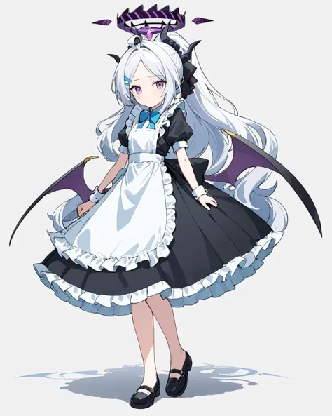 hina \(blue archive\),1girl, solo, white_apron, halo, white_background, full_body, black_footwear, frilled_apron, blush, simple_background, black_dress, maid_apron, squiggle, enmaided, standing, holding, mary_janes, holding_own_arm, low_wings, looking_at_viewer, alternate_hairstyle, closed_mouth, hair_bow, sidelocks, ponytail, multiple_horns, wrist_cuffs, puffy_short_sleeves, ahoge, bare_legs
<lora:hina_(blue_archive)_image1095_batch3_v1-000040:1>,halo,. gorgeous,key visual, vibrant, studio anime,award-winning, professional, highly detailed,high budget, cinemascope