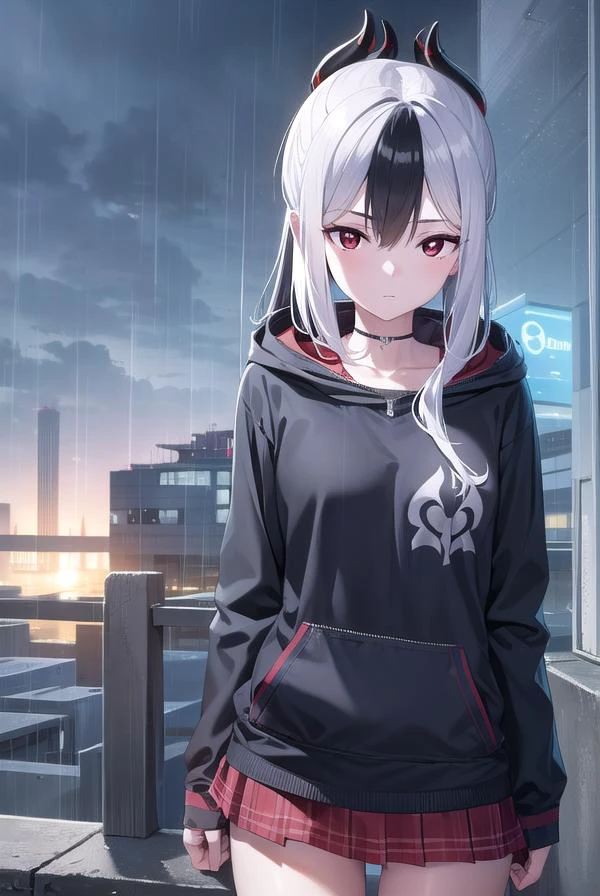 kayokoonikata, <lora:kayokoonikata-lora-nochekaiser:1>,
kayoko onikata, black hair, demon horns, hair between eyes, halo, horns, long hair, low wings, mole, mole on collarbone, multicolored hair, ponytail, (red eyes:1.5), single wing, two-tone hair, white hair, wings,
BREAK black hoodie, choker, hood, hoodie, pleated skirt, skirt, red skirt,
BREAK outdoors, city, sky, raining,
BREAK looking at viewer, (cowboy shot:1.5),
BREAK <lyco:GoodHands-beta2:1>, (masterpiece:1.2), best quality, high resolution, unity 8k wallpaper, (illustration:0.8), (beautiful detailed eyes:1.6), extremely detailed face, perfect lighting, extremely detailed CG, (perfect hands, perfect anatomy),