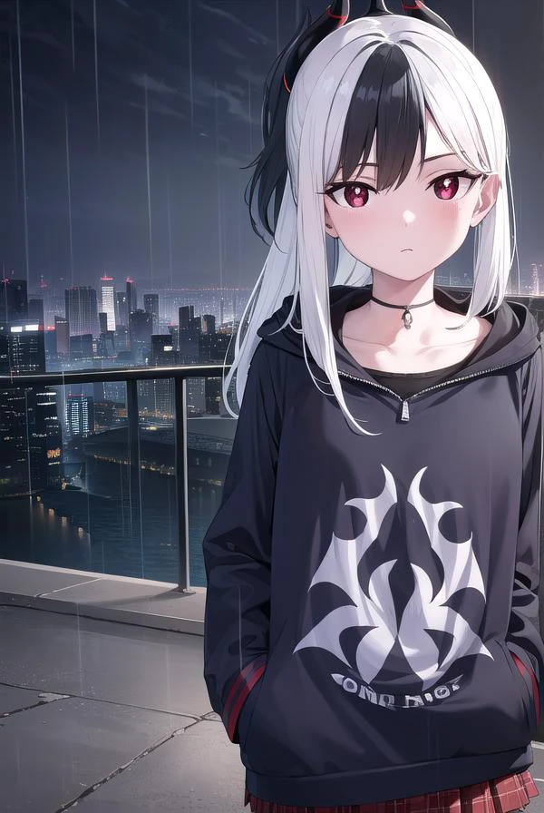 kayokoonikata, <lora:kayokoonikata-lora-nochekaiser:1>,
kayoko onikata, black hair, demon horns, hair between eyes, halo, horns, long hair, low wings, mole, mole on collarbone, multicolored hair, ponytail, (red eyes:1.5), single wing, two-tone hair, white hair, wings,
BREAK black hoodie, choker, hood, hoodie, pleated skirt, skirt, red skirt,
BREAK outdoors, city, sky, raining,
BREAK looking at viewer, (cowboy shot:1.5),
BREAK <lyco:GoodHands-beta2:1>, (masterpiece:1.2), best quality, high resolution, unity 8k wallpaper, (illustration:0.8), (beautiful detailed eyes:1.6), extremely detailed face, perfect lighting, extremely detailed CG, (perfect hands, perfect anatomy),