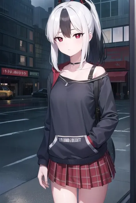 kayokoonikata, <lora:kayokoonikata-lora-nochekaiser:1>,
kayoko onikata, black hair, demon horns, hair between eyes, halo, horns, long hair, low wings, mole, mole on collarbone, multicolored hair, ponytail, (red eyes:1.5), single wing, two-tone hair, white hair, wings,
BREAK black hoodie, choker, hood, hoodie, pleated skirt, skirt, red skirt,
BREAK outdoors, city, sky, raining,
BREAK looking at viewer, (cowboy shot:1.5),
BREAK <lyco:GoodHands-beta2:1>, (masterpiece:1.2), best quality, high resolution, unity 8k wallpaper, (illustration:0.8), (beautiful detailed eyes:1.6), extremely detailed face, perfect lighting, extremely detailed CG, (perfect hands, perfect anatomy),