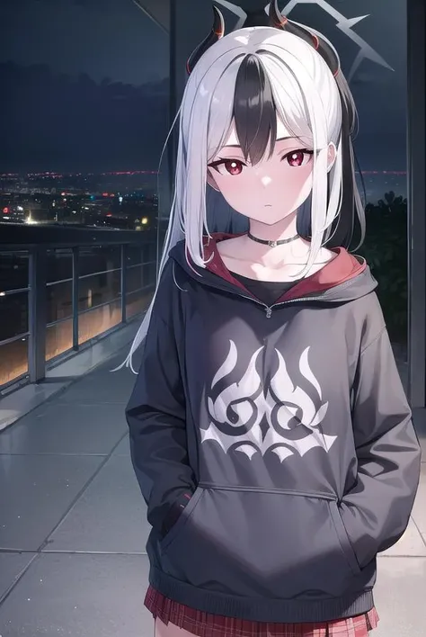 kayokoonikata, <lora:kayokoonikata-lora-nochekaiser:1>,
kayoko onikata, black hair, demon horns, hair between eyes, halo, horns, long hair, low wings, mole, mole on collarbone, multicolored hair, ponytail, (red eyes:1.5), single wing, two-tone hair, white hair, wings,
BREAK black hoodie, choker, hood, hoodie, pleated skirt, skirt, red skirt,
BREAK outdoors, city, sky, raining,
BREAK looking at viewer, (cowboy shot:1.5),
BREAK <lyco:GoodHands-beta2:1>, (masterpiece:1.2), best quality, high resolution, unity 8k wallpaper, (illustration:0.8), (beautiful detailed eyes:1.6), extremely detailed face, perfect lighting, extremely detailed CG, (perfect hands, perfect anatomy),