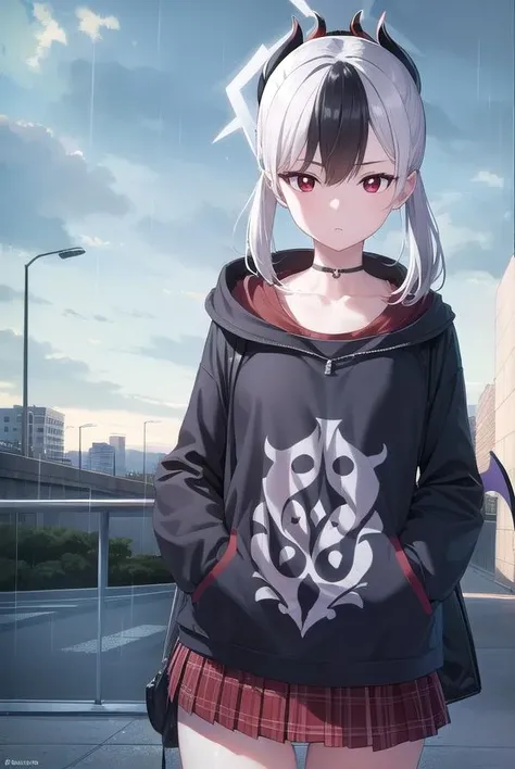 kayokoonikata, <lora:kayokoonikata-lora-nochekaiser:1>,
kayoko onikata, black hair, demon horns, hair between eyes, halo, horns, long hair, low wings, mole, mole on collarbone, multicolored hair, ponytail, (red eyes:1.5), single wing, two-tone hair, white hair, wings, black ponytail,
BREAK black hoodie, choker, hood, hoodie, pleated skirt, skirt, red skirt,
BREAK outdoors, city, sky, raining,
BREAK looking at viewer, (cowboy shot:1.5),
BREAK <lyco:GoodHands-beta2:1>, (masterpiece:1.2), best quality, high resolution, unity 8k wallpaper, (illustration:0.8), (beautiful detailed eyes:1.6), extremely detailed face, perfect lighting, extremely detailed CG, (perfect hands, perfect anatomy),
