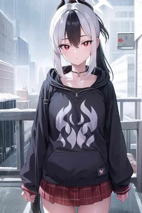 kayokoonikata, <lora:kayokoonikata-lora-nochekaiser:1>,
kayoko onikata, black hair, demon horns, hair between eyes, halo, horns, long hair, low wings, mole, mole on collarbone, multicolored hair, ponytail, (red eyes:1.5), single wing, two-tone hair, white hair, wings,
BREAK black hoodie, choker, hood, hoodie, pleated skirt, skirt, red skirt,
BREAK outdoors, city, sky, raining,
BREAK looking at viewer, (cowboy shot:1.5),
BREAK <lyco:GoodHands-beta2:1>, (masterpiece:1.2), best quality, high resolution, unity 8k wallpaper, (illustration:0.8), (beautiful detailed eyes:1.6), extremely detailed face, perfect lighting, extremely detailed CG, (perfect hands, perfect anatomy),
